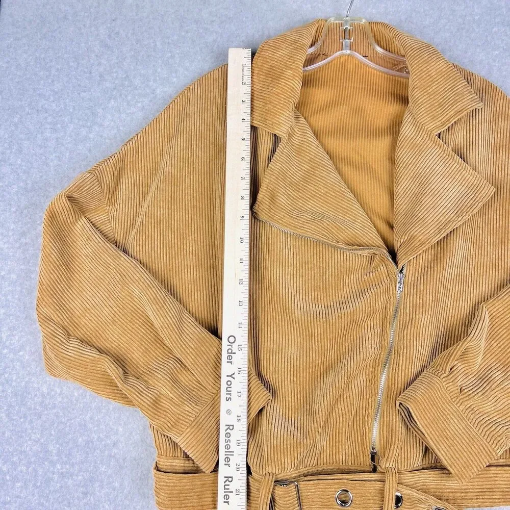Free People Womens M Brown Corduroy Moto Jacket Cropped Belted Boho Western
